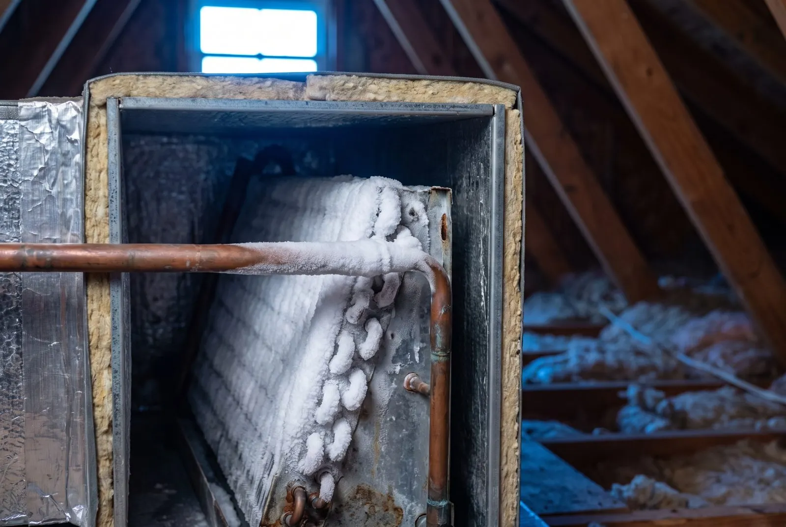 Indoor evaporator coil and copper line covered in ice