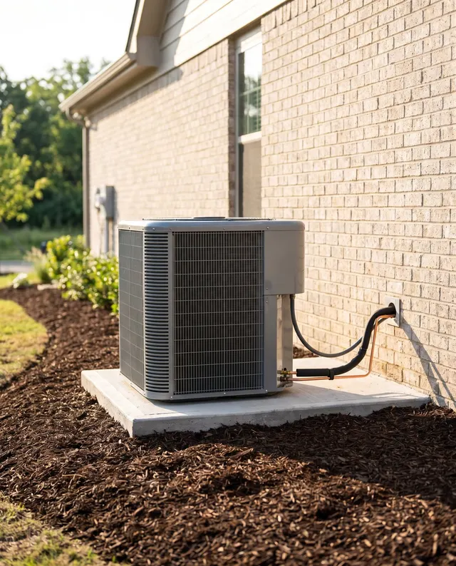 New air conditioner condenser on a fresh concrete pad beside a brick home