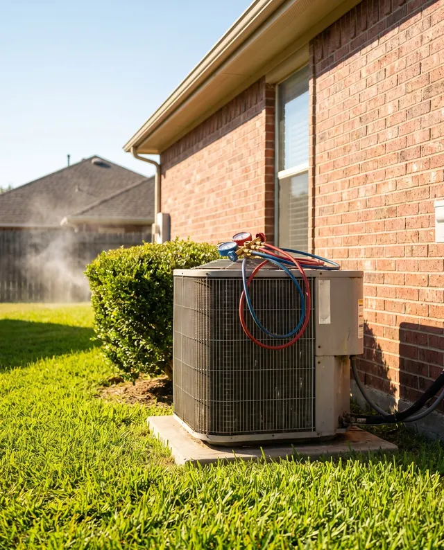 Air conditioner condenser beside a brick home on a summer afternoon, service gauges resting on top