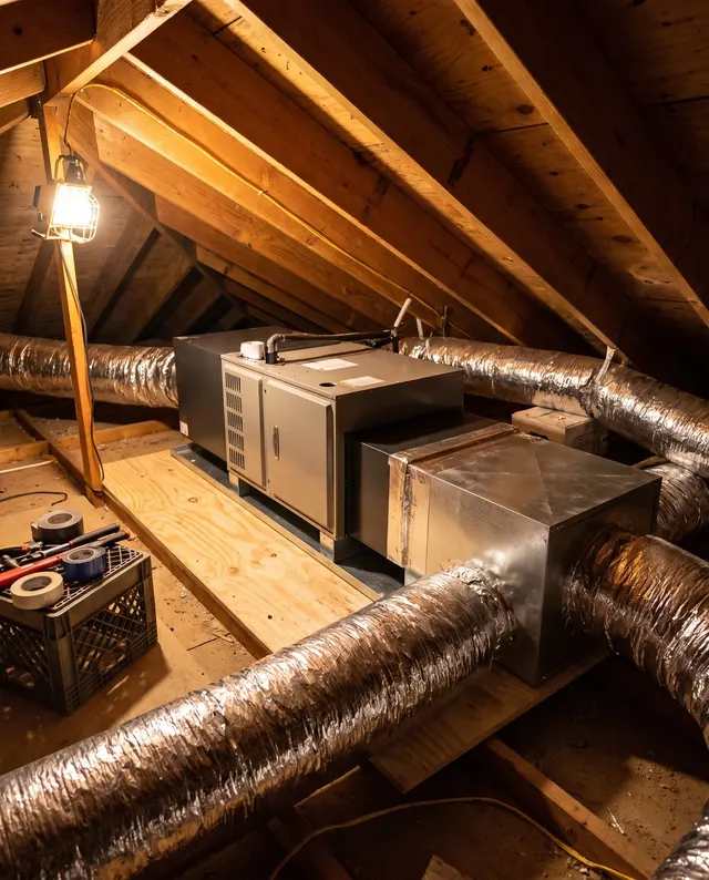 Furnace and air handler installed on a platform in an attic with new insulated ductwork