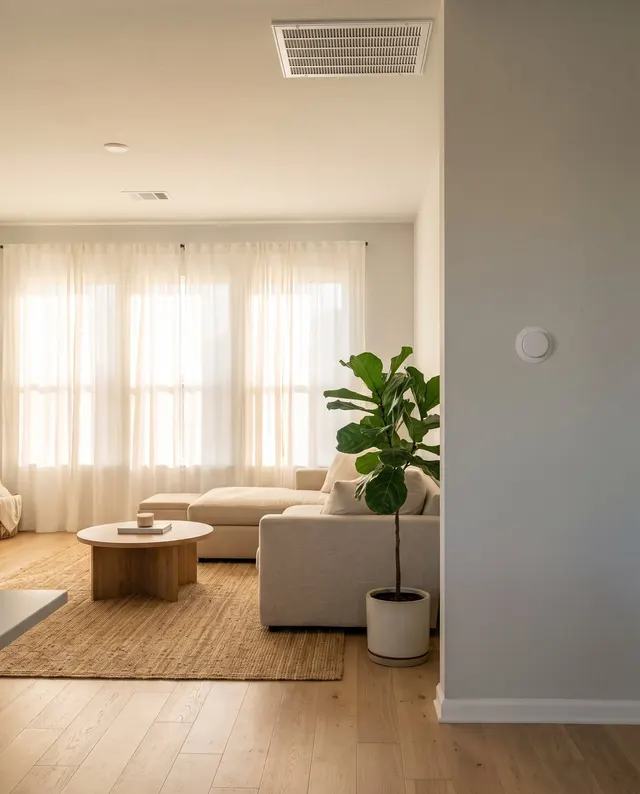 Bright, cool living room with a ceiling air vent on a sunny day