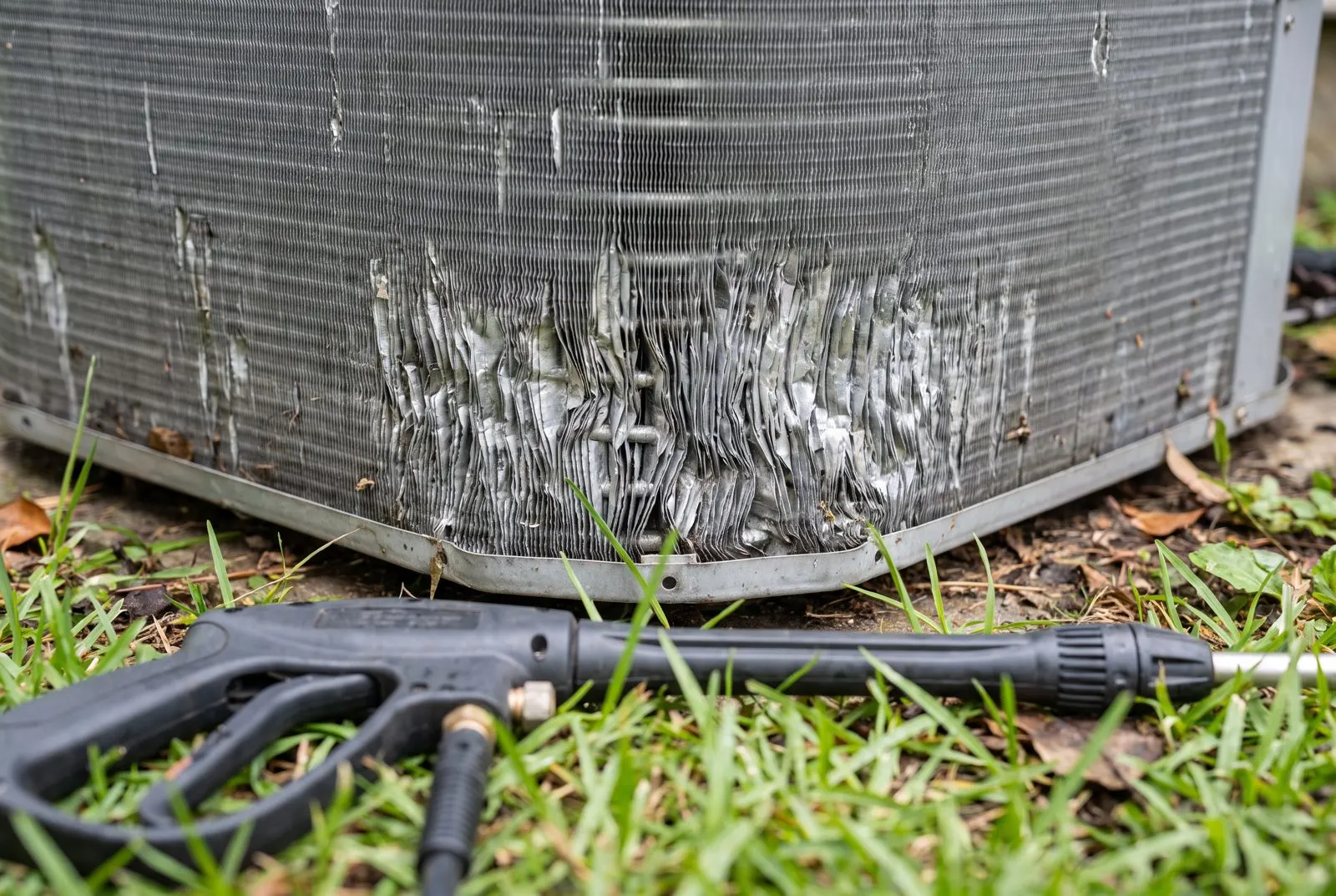 Condenser fins flattened by a pressure washer