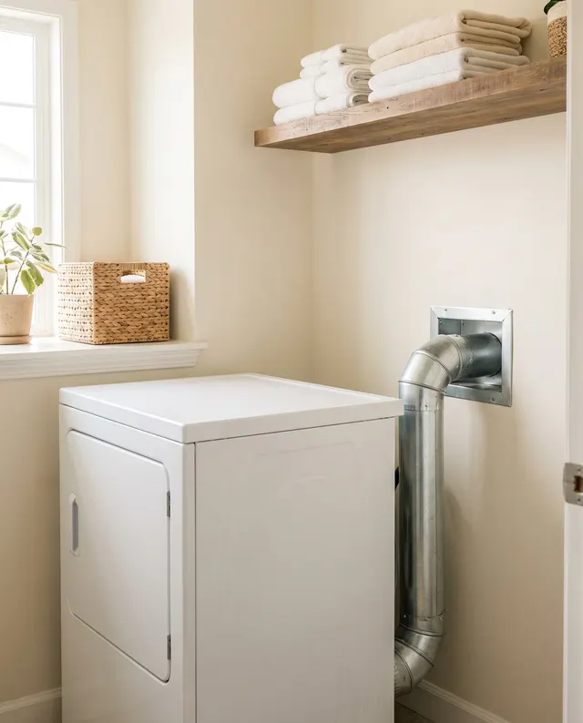 Dryer in a laundry room vented through rigid metal duct into a wall box