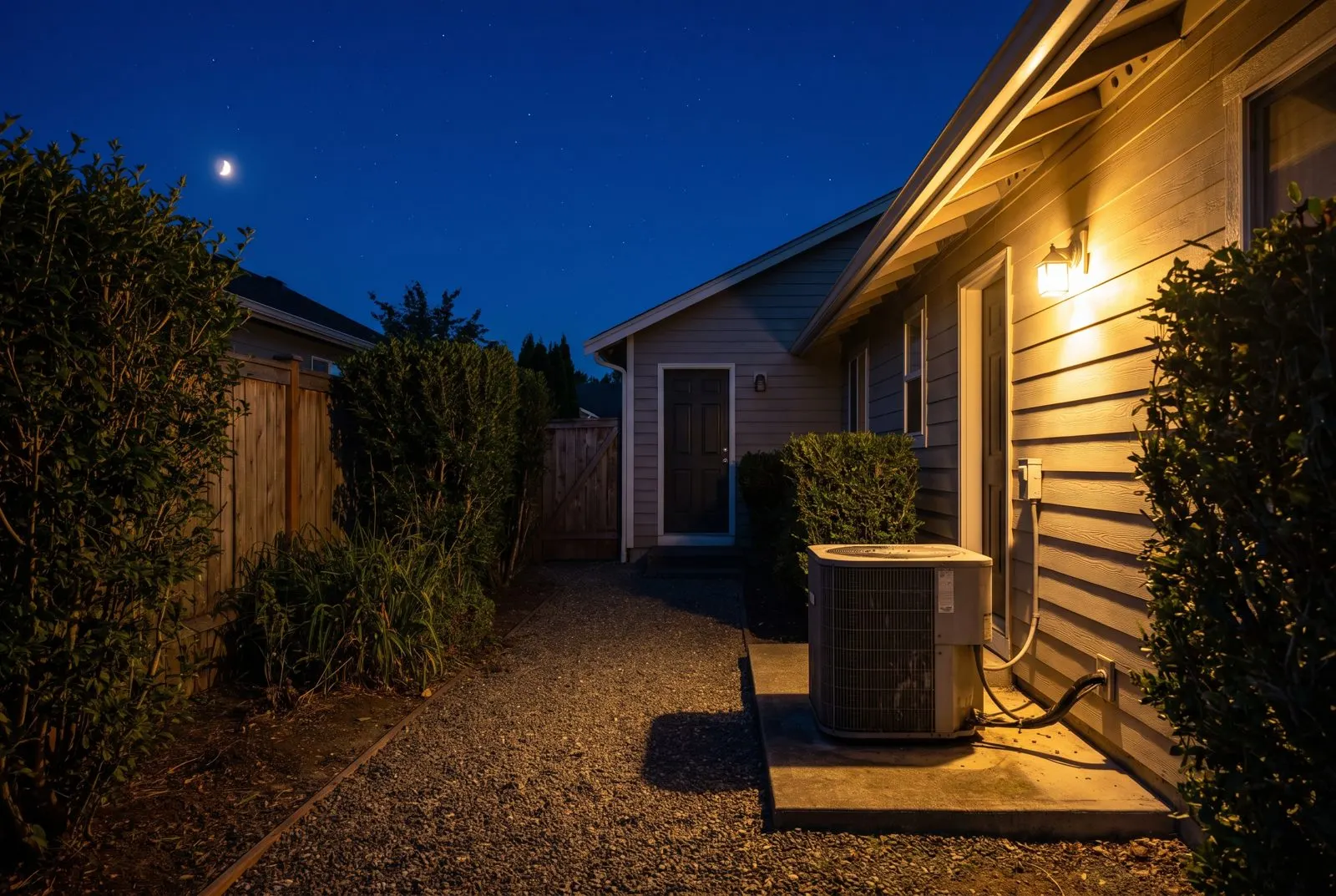 AC condenser lit by a porch light at night