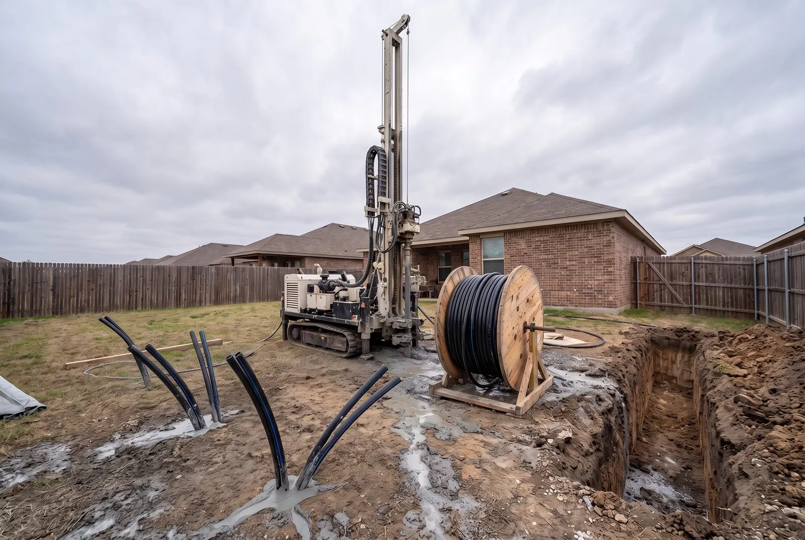 Drilling rig and vertical geothermal loop bores in a backyard