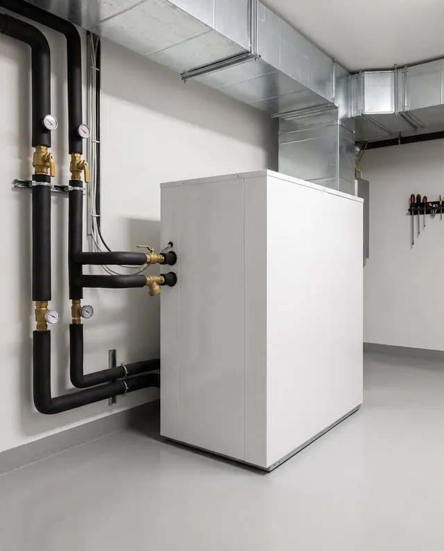 Water-source heat pump with insulated water lines in a clean mechanical room