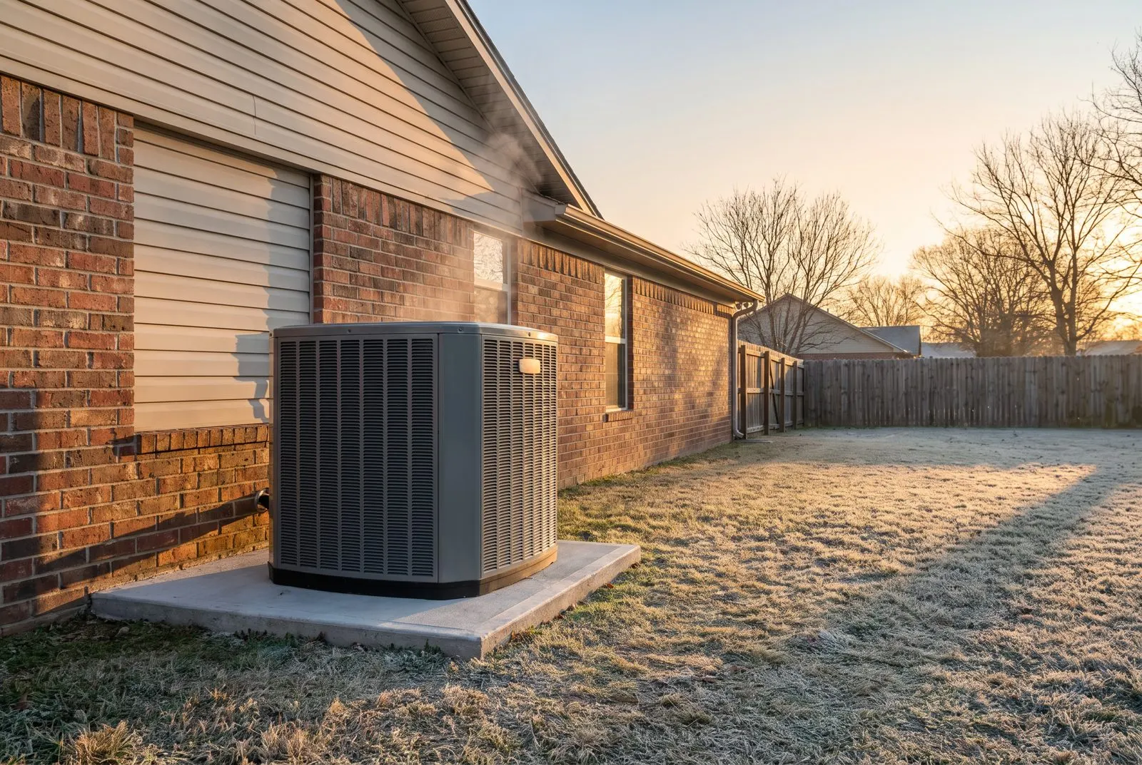 Heat pump beside a brick home on a frosty winter morning