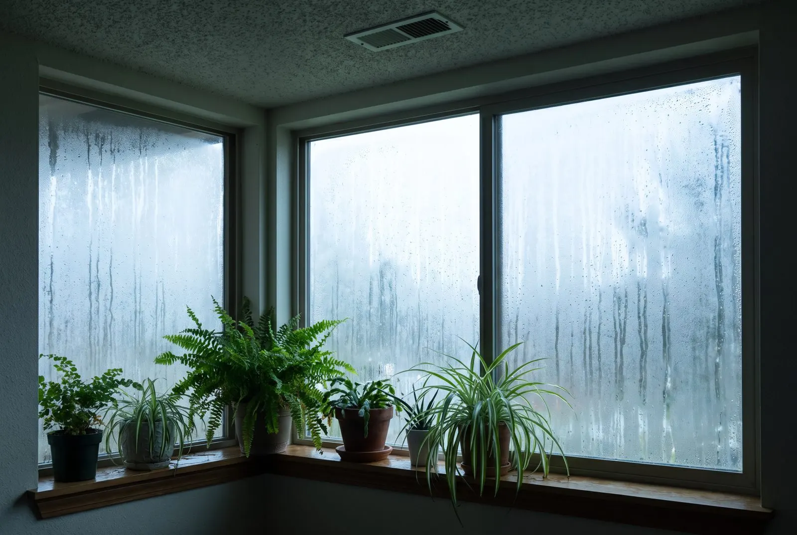 Living room window fogged with condensation