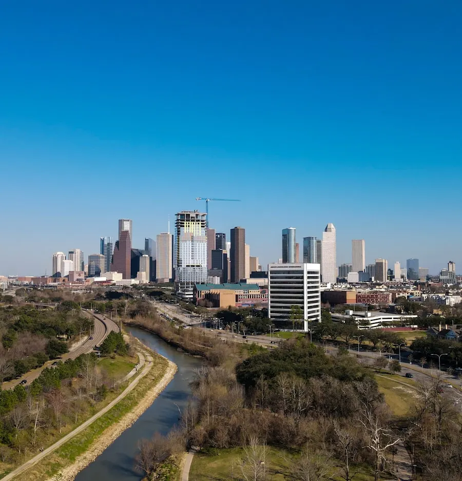 Houston downtown skyline along Buffalo Bayou