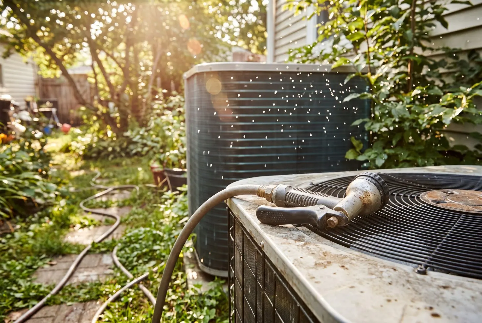 Garden hose nozzle resting on a freshly rinsed AC condenser