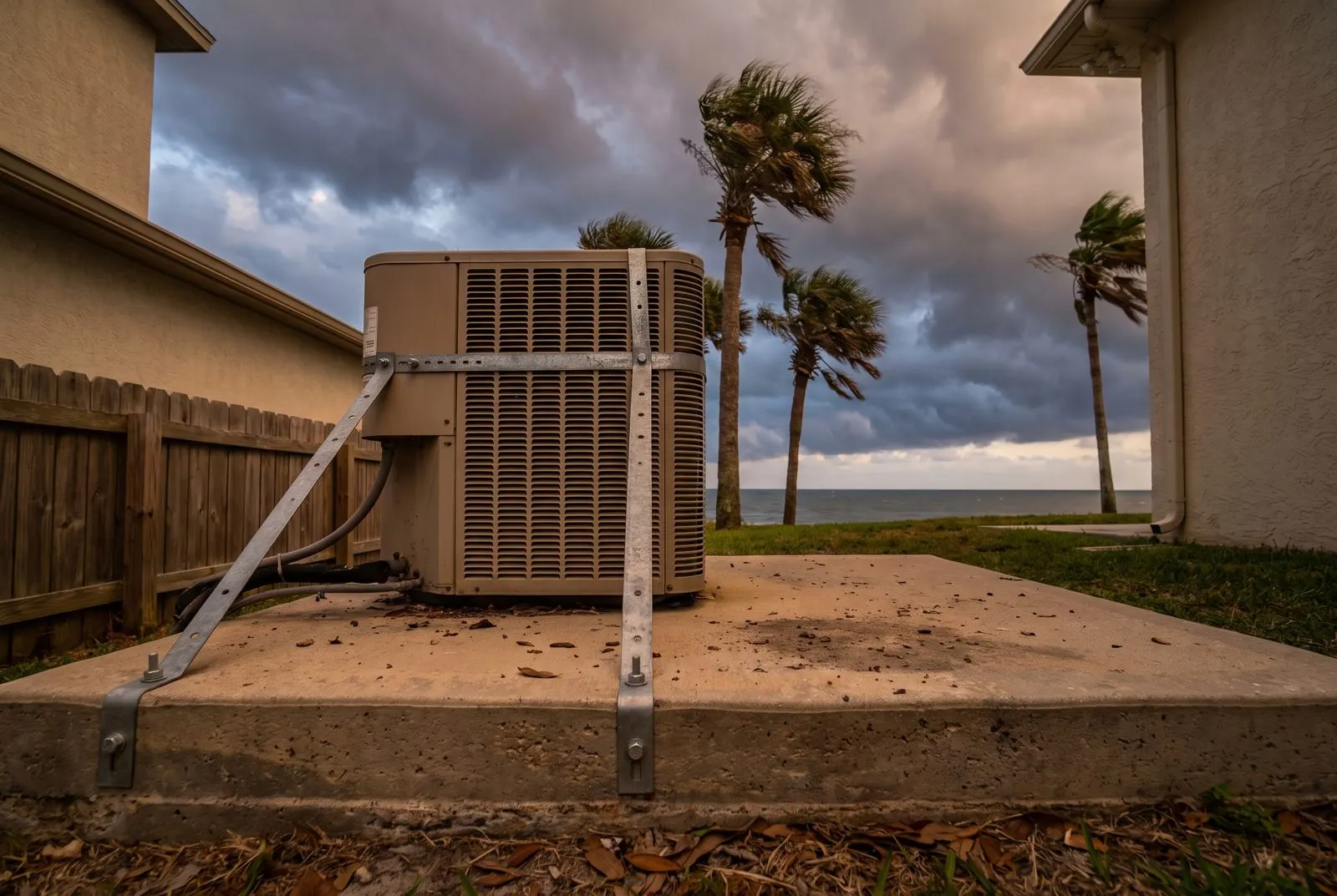 AC condenser strapped to a raised pad as a storm builds over the coast