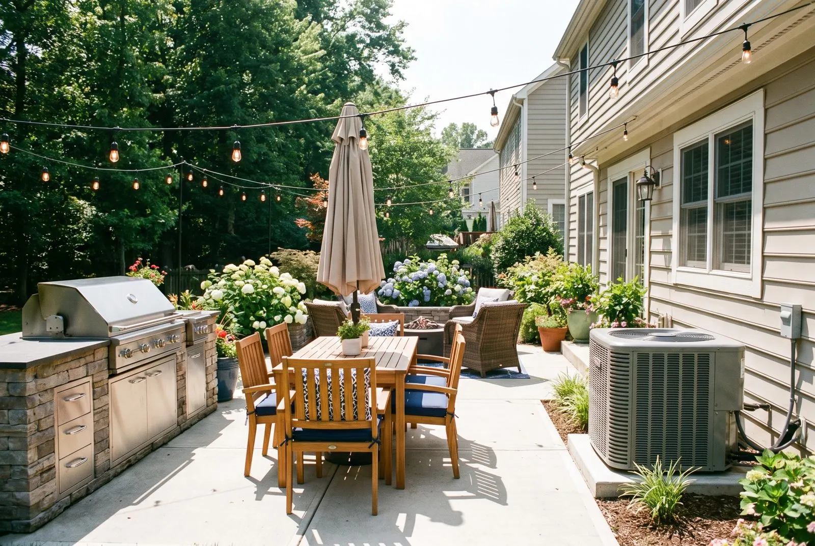Backyard patio with a grill and a clear space around the AC unit