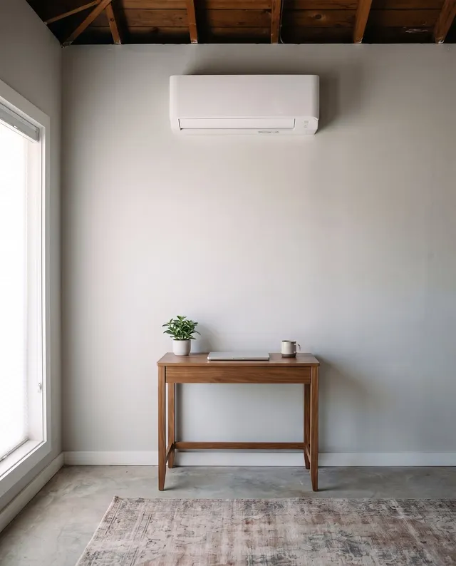 Ductless mini-split head mounted on the wall of a bright home office