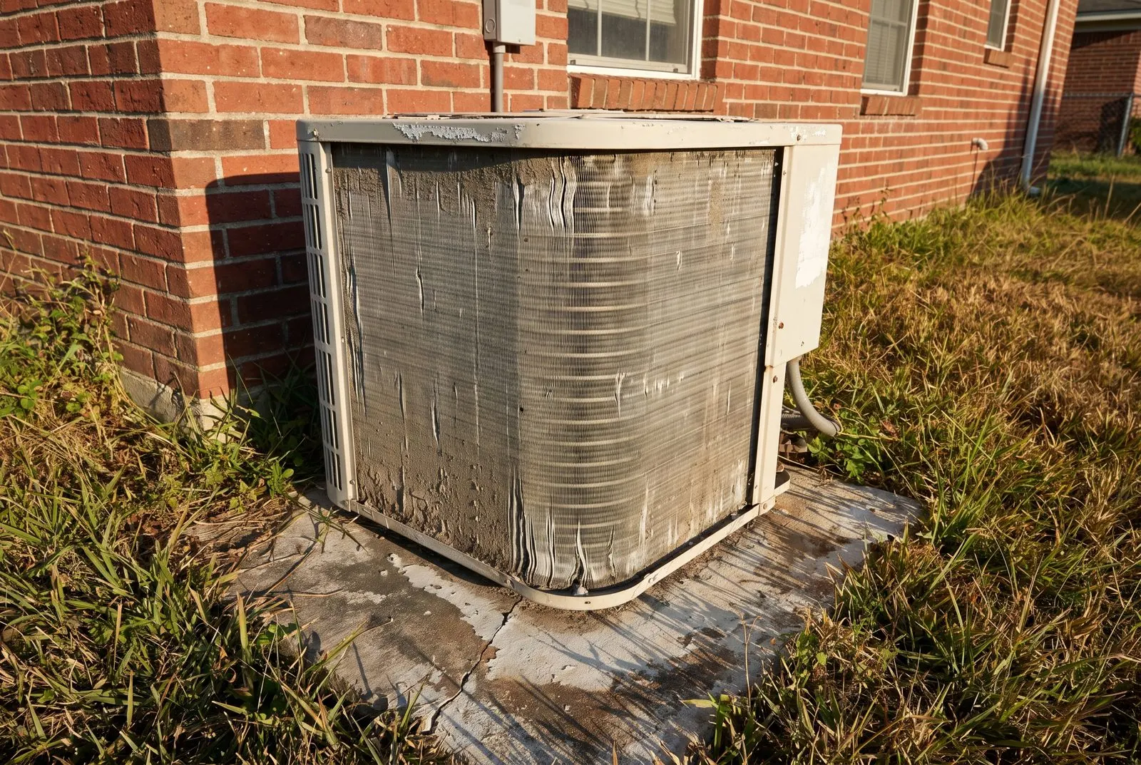Aging, sun-faded AC condenser beside a brick home