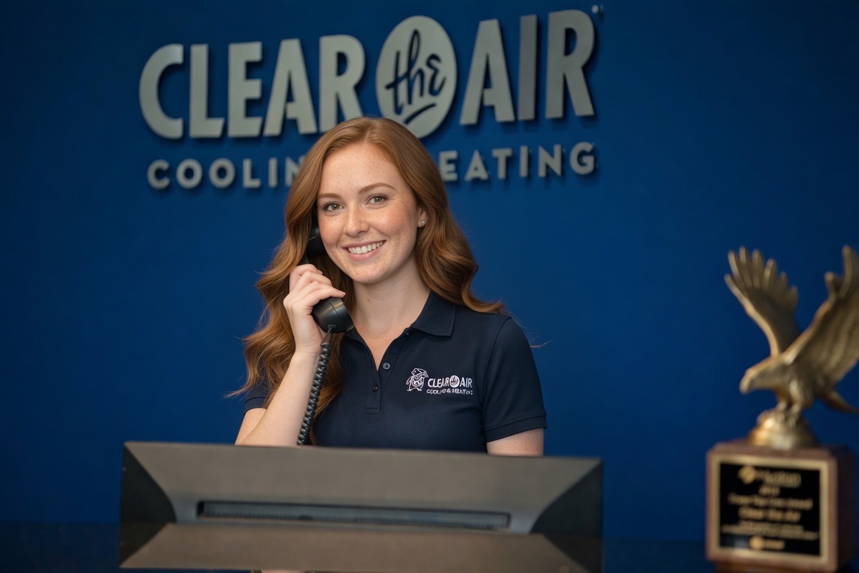 Jessica, Clear the Air customer service rep, answering a call at our Pearland office