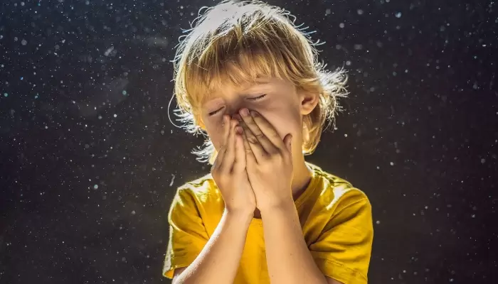 Air Quality Boy Sneezing Dust In Backgound